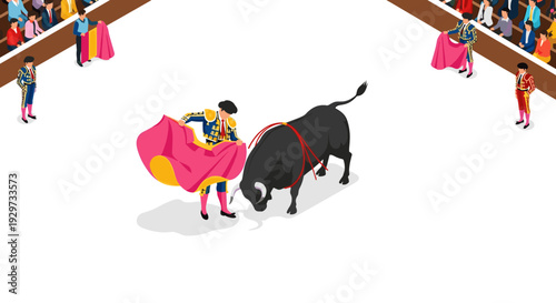 bullfighting scene with matadors and bull colorful isometric illustration