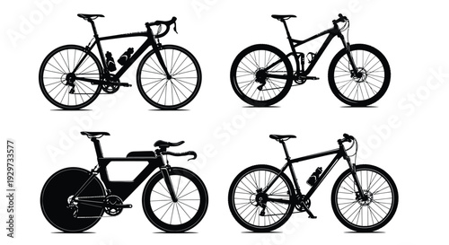 Collection of four distinct black silhouette bicycle vector illustrations showcasing diverse cycling disciplines