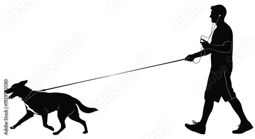 Man jogging while walking his excited dog on a leash while listening to music vector graphic
