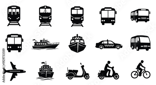 Collection of simple black vector icons representing diverse transportation modes and vehicles for modern design.