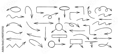 Creative set arrows of hand-drawn - grunge. Beautiful, thin and graceful pointers in the form of arrows, with circles and square frames. A varied of pointers in the style of sketch, doodle. Vector set