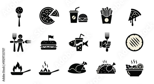 A collection of diverse food and dining vector icons for menus, apps, and culinary graphic designs.