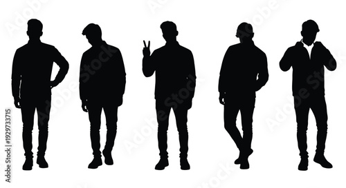 Collection of five distinct black silhouette vector graphics representing casual young men in various poses