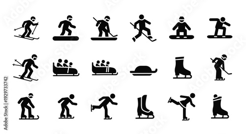 Collection of black winter sport activity pictograms representing skiing snowboarding skating and sledding icons