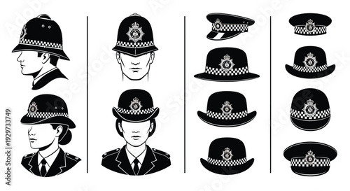 Collection of traditional British police uniform hats and helmets in a monochrome vector illustration graphic design