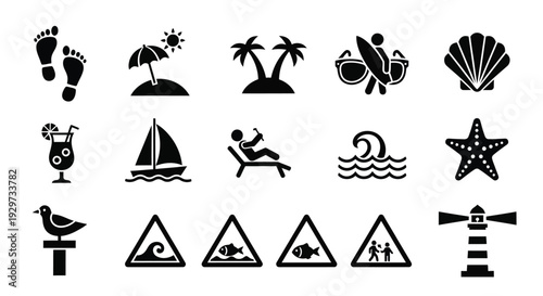 Collection of simple black and white vector icons representing various popular seaside vacation and beach activities elements