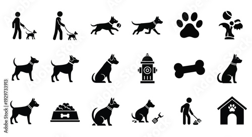 Vector graphic illustration set presenting various dog icons, pet care, and animal elements design.