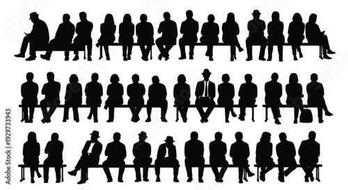 Diverse group of people silhouettes sitting patiently waiting on long benches as vector graphic