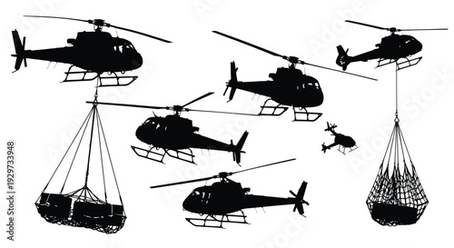 Dynamic vector graphic illustration featuring multiple helicopter silhouettes, some actively transporting essential cargo loads.