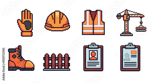 construction worker safety equipment and tools pixel art icon set with hard hat, work glove, safety vest, boot, fence, crane, and ID clipboard