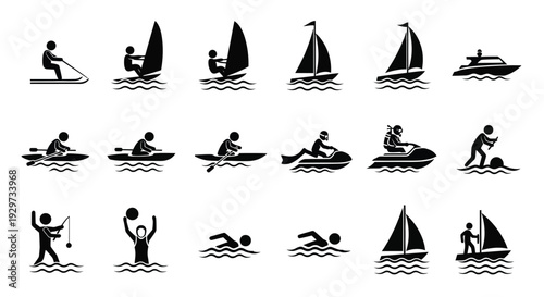 Collection of black silhouette vector icons depicting various popular water sports and aquatic activities graphics