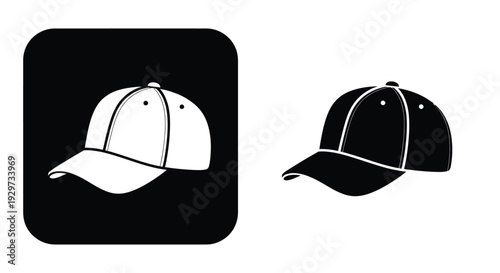Iconic baseball cap vector illustration presented in both black and white color variations for design purposes.
