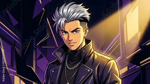 Anime portrait of a man with silver hair and golden light