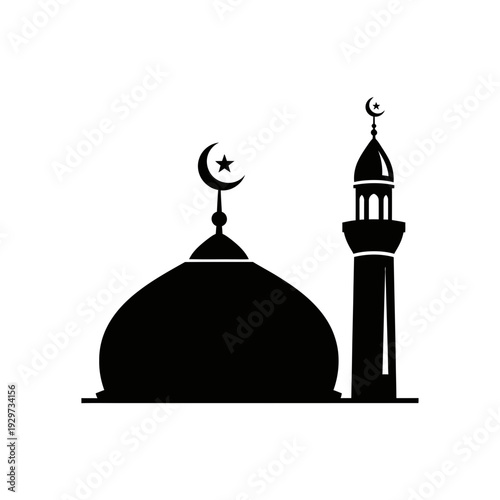 Sleek Black Silhouette of an Islamic Mosque Icon with Prominent Dome and Minaret, featuring a Crescent Moon and Star – A Contemporary Symbol of Muslim Faith and Cultural Heritage