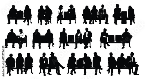 Collection of diverse passenger silhouettes sitting patiently on waiting area benches in a transport hub graphic