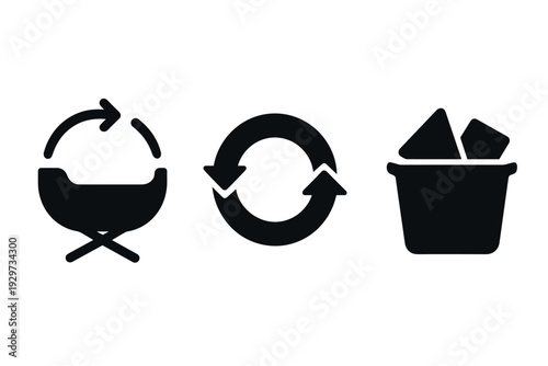 black silhouette icons of refresh reload update and trash bin in minimalist style