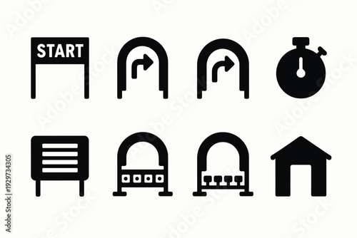 set of eight black race competition and starting line icons in simple flat style