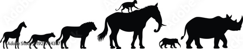 Animal silhouettes, giraffe, cheetah, lion, horse, monkey, elephant, baby elephant, rhinoceros, wildlife diversity, nature illustration, vector, safari, zoo, jungle