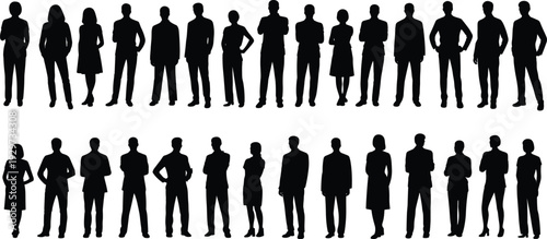 Business professional silhouettes, corporate people vector illustration, office workforce diversity, teamwork icons, standing employees, formal attire design, manager figures, group dynamics
