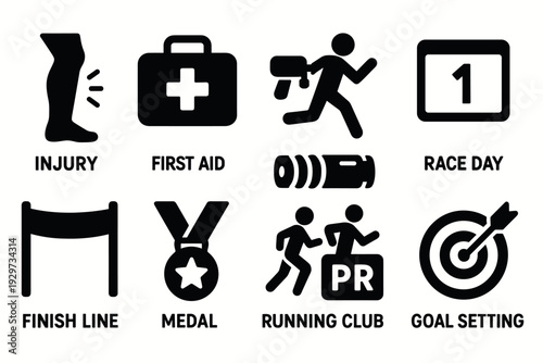 set of black running and race event icons including injury first aid runner race day finish line medal running club and goal setting in flat silhouette style