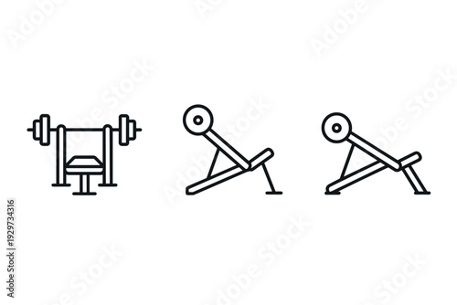 set of hand drawn fitness gym equipment icons bench press and incline bench barbell outline