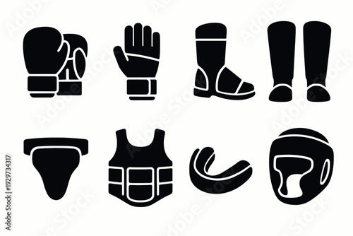 boxing and martial arts protective gear set hand drawn black icons collection