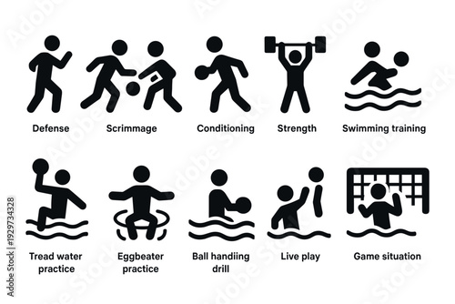 water polo training activities and game situation hand drawn icons set