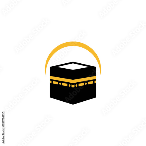 Minimalist graphic icon of a sacred black cube adorned with golden bands, representing a significant spiritual pilgrimage destination and a revered house of worship