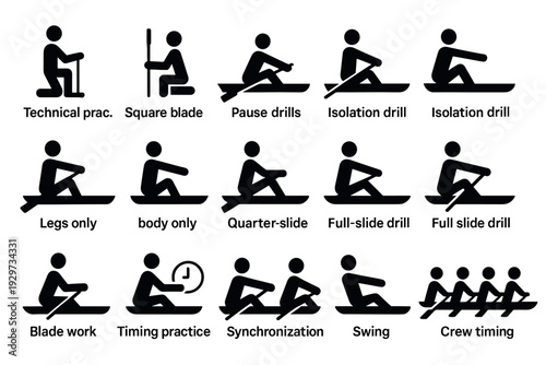 set of rowing technique icons with hand drawn simple style for sport training and practice illustrations