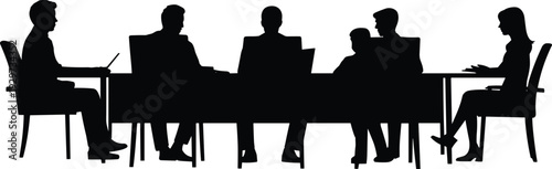Business meeting silhouette, corporate teamwork illustration, office collaboration vector, professional conference table, boardroom discussion, leadership strategy, workplace communication
