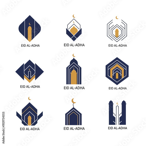 Modern vector set of Islamic festival icons, showcasing stylized mosque, minaret, and crescent moon symbols for joyous celebrations and spiritual meaning