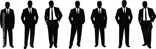 Business men silhouettes, corporate suit vector illustration, professional attire icons, standing executives, formal dress design, office culture, manager figures, teamwork concept