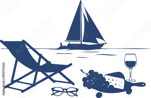 Relaxing summer vacation scene with sailboat deck chair cheese grapes wine and eyeglasses on a white background