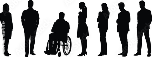 Business people silhouettes, diversity inclusion, teamwork icons, professional group, wheelchair accessibility, corporate staff, office colleagues, workplace equality vector illustration