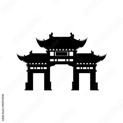 Traditional Chinese Gate Silhouette Vector Icon, Representing Asian Architecture and Cultural Entryways