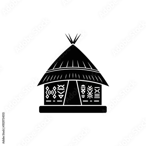 Stylized silhouette icon of a traditional African or indigenous tribal hut, featuring intricate geometric patterns and cultural symbolism on its walls, representing dwelling and heritage