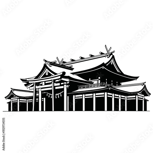 Traditional Japanese Shrine with Torii Gate and Elaborate Roof Design, Architectural Landmark