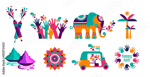 Colorful collection of flat design elements for the Indian Holi festival celebration.