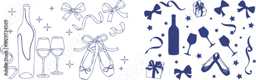 Celebration design with blue graphic elements wine bottle glasses ballet shoes bows ribbons stars and gift boxes for party