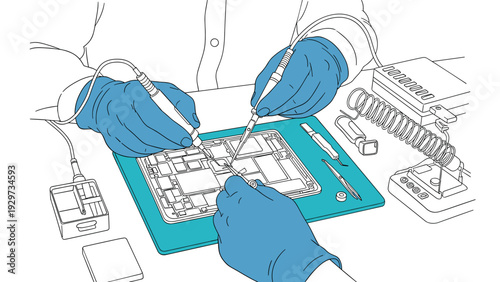 hands repairing electronics with soldering equipment hand drawn technical illustration