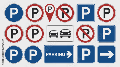 collection of diverse parking signs, symbols, and icons, illustrating allowed, restricted, and designated areas, vector illustration set for traffic and urban design.
