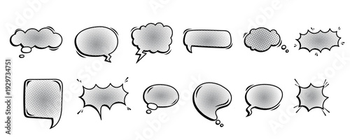 A diverse set of hand-drawn comic book speech and thought bubbles.