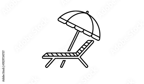 Minimal Beach Chair with Umbrella Thin Line Travel Vector Icon on White