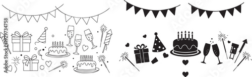 Celebration icons set with cake champagne gifts hats and fireworks perfect for party invitations decorations and festive