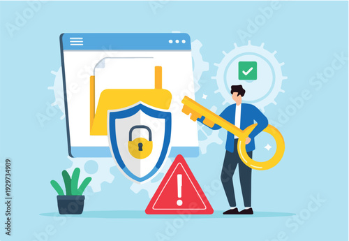  Flat illustration of person holding key to decrypting encoded data information security.