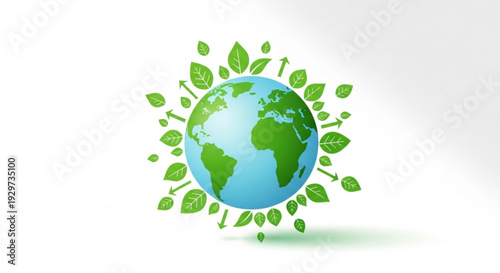 Earth surrounded by green leaves symbolizing eco friendly and sustainable living on a white background
