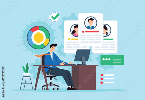 Optimizing use of business resources, maximizing efficiency, management concept vector illustration. Analyst on desk planning and analyzing resource allocation.