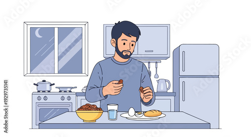 Man having a tranquil early morning meal or late-night supper in a cozy kitchen setting, enjoying a quiet moment before or after a busy day