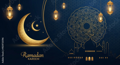 Ramadan kareem greeting card with crescent moon lanterns and arabic calligraphy on dark blue background