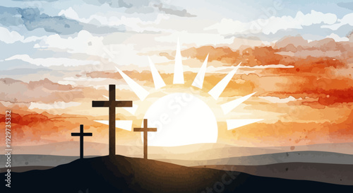 Sunrise scene with three crosses in watercolor style